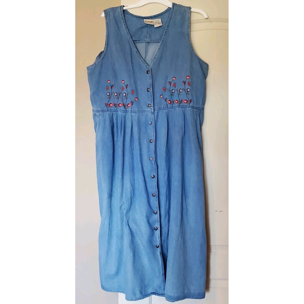 Two Twenty Denim Dress Button‎ Down Maxi Vtg Embroidered Retro Y2K Cottage-core